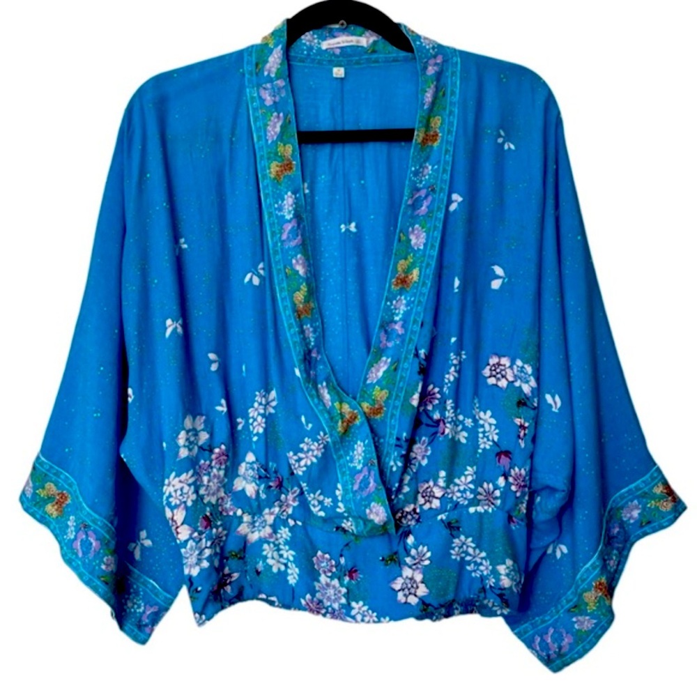 Poupette St. Barth Kimono Floral Wrap Blouse Turquoise Blue Medium